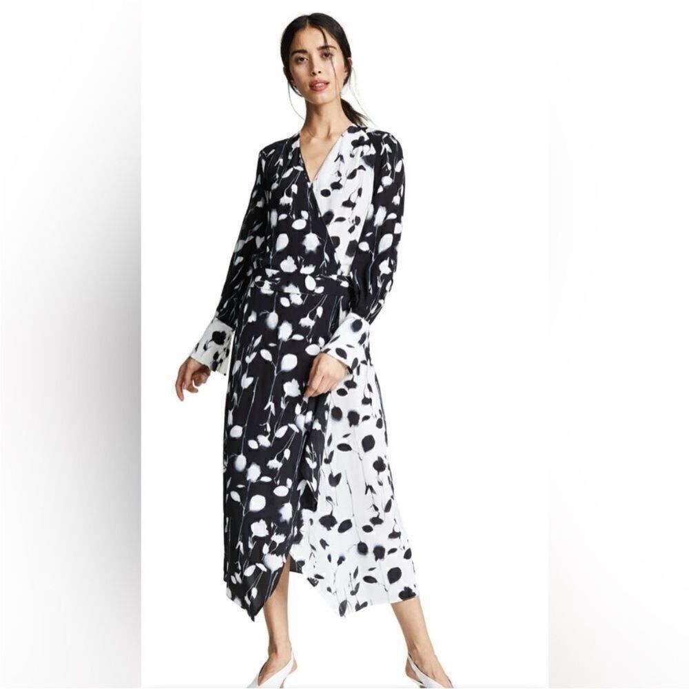 Equipment Black and White Floral Long Sleeve Dress, US2